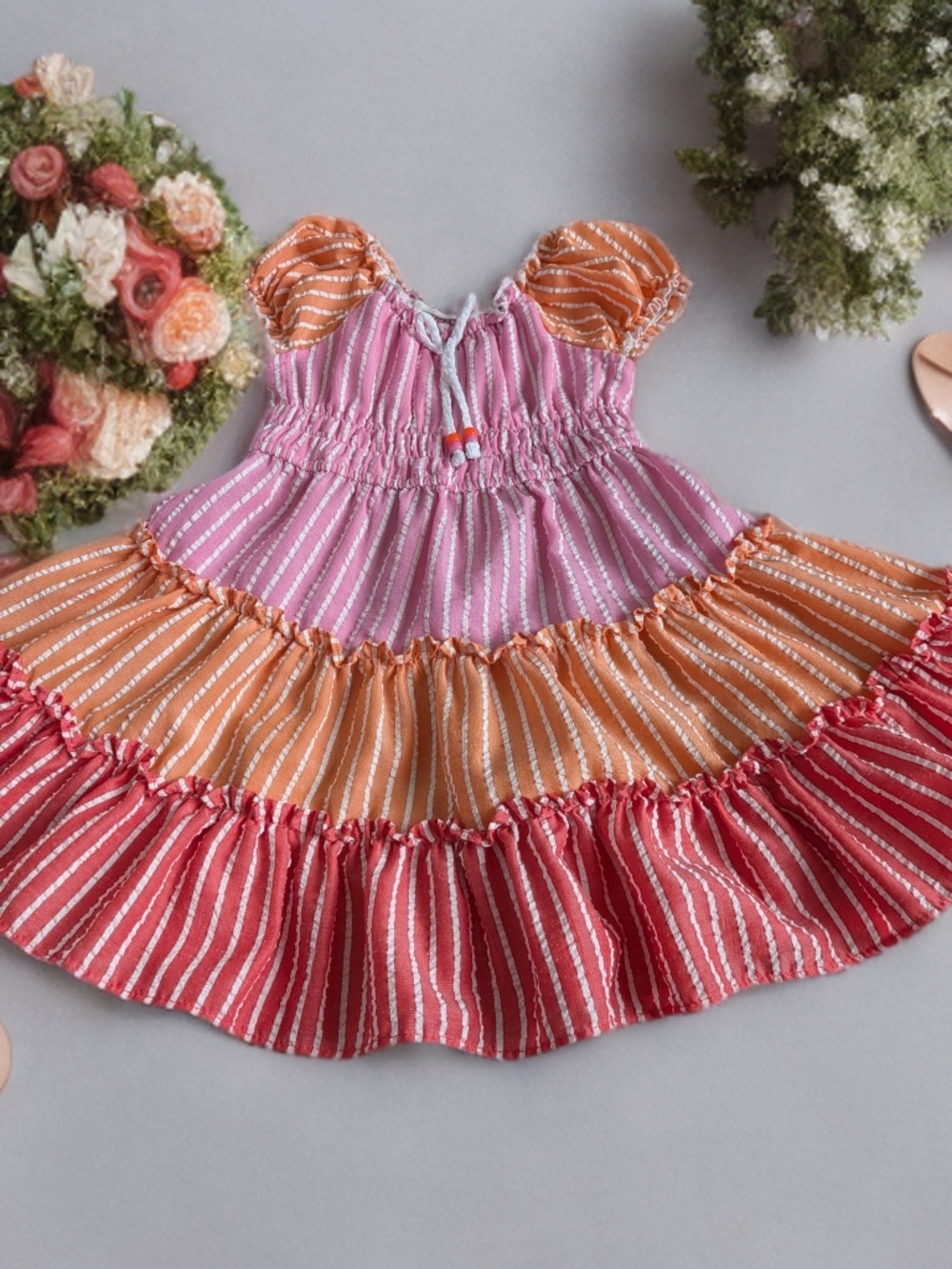Jona Michelle Pink, Orange & Red Tiered Striped Girls Dress